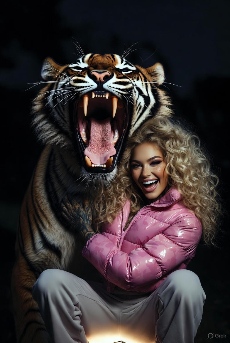 Hyperrealistic Woman with Bengal Tiger at Night thumbnail 2