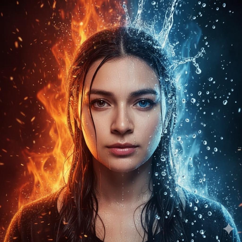 Hyper-realistic Cinematic Portrait: Fire and Water Elemental Balance - view 1