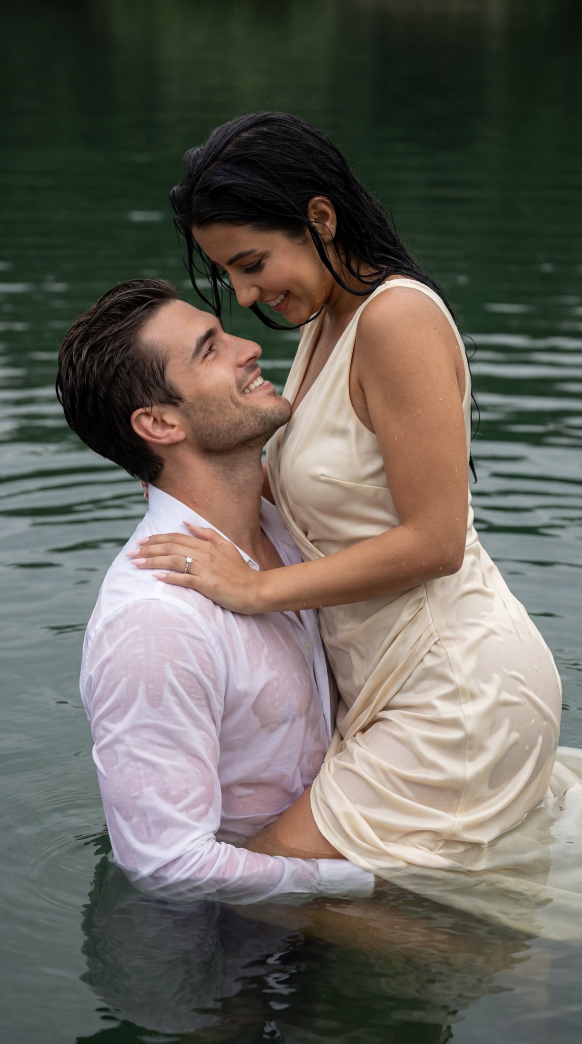 Cinematic Couple's Intimate Embrace in Lake Water - view 1