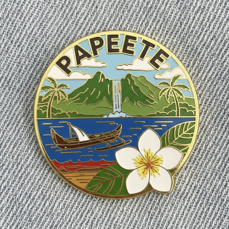 Collectible Enamel Pin with City Landmarks on Denim - view 1