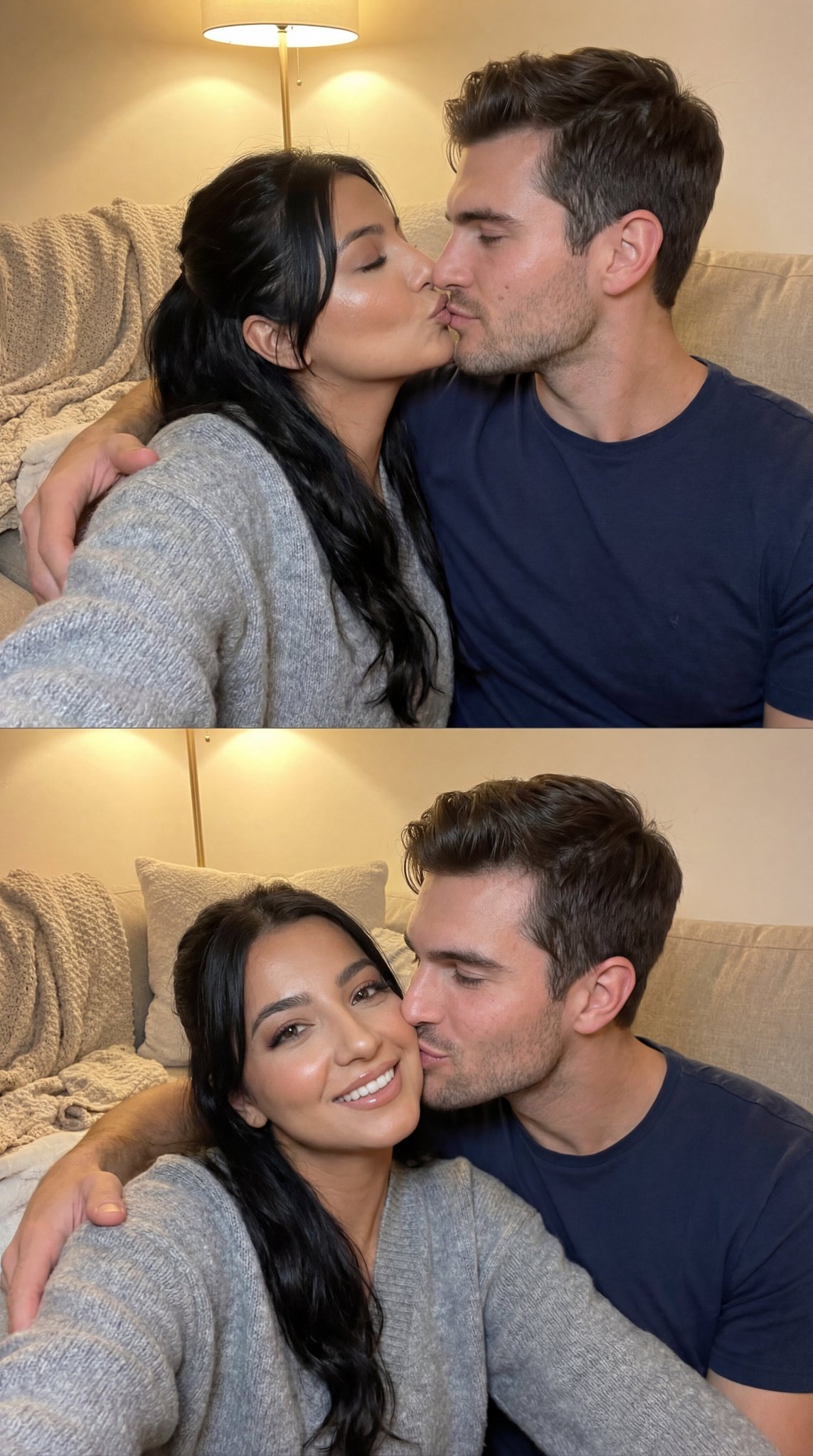 Cozy Couple Split Selfie Kiss, Photorealistic Indoor Scene - view 1