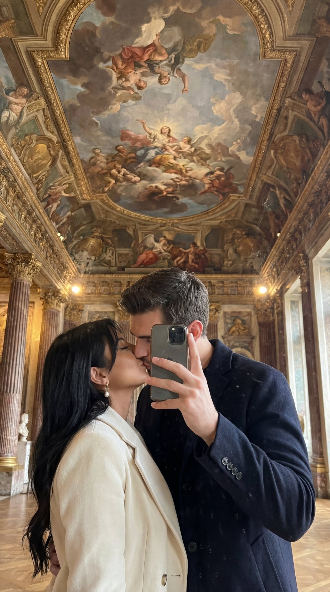 Photorealistic Museum Mirror Selfie: Kissing Couple Under Fresco - view 1