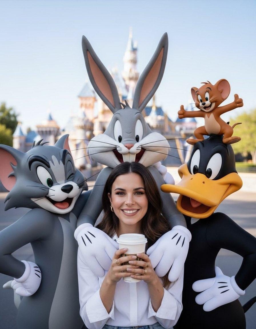 Cheerful Woman with Mascots at Magical Theme Park - view 1