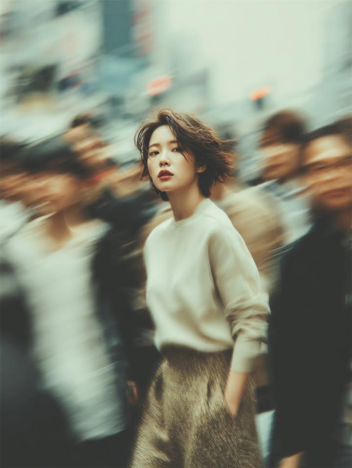Cinematic Street Portrait of a Young Woman in Urban Crowd - view 1