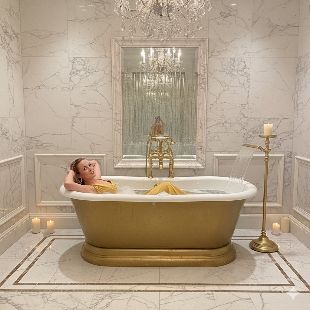 Luxurious Marble Bathroom with Couple in Bathtub thumbnail 2