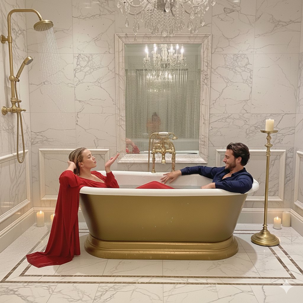 Luxurious Marble Bathroom with Couple in Bathtub thumbnail 3