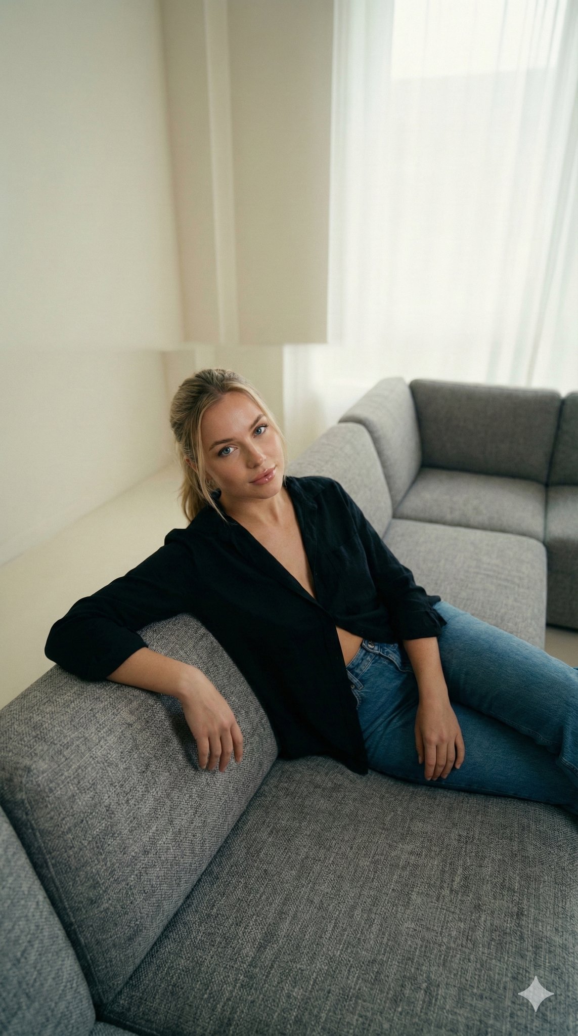 Cinematic Portrait of Blonde Woman on Sofa - view 1