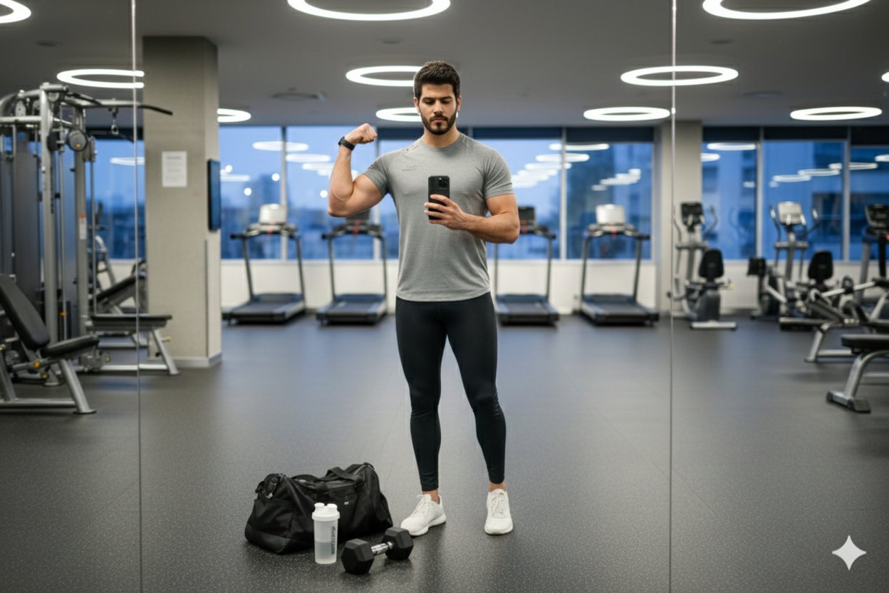 Modern Gym Mirror Selfie with Fitness Gear thumbnail 2