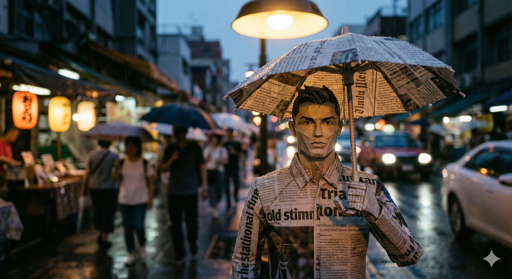 Cinematic Paper Figure Still-Life on Wet City Street thumbnail 2