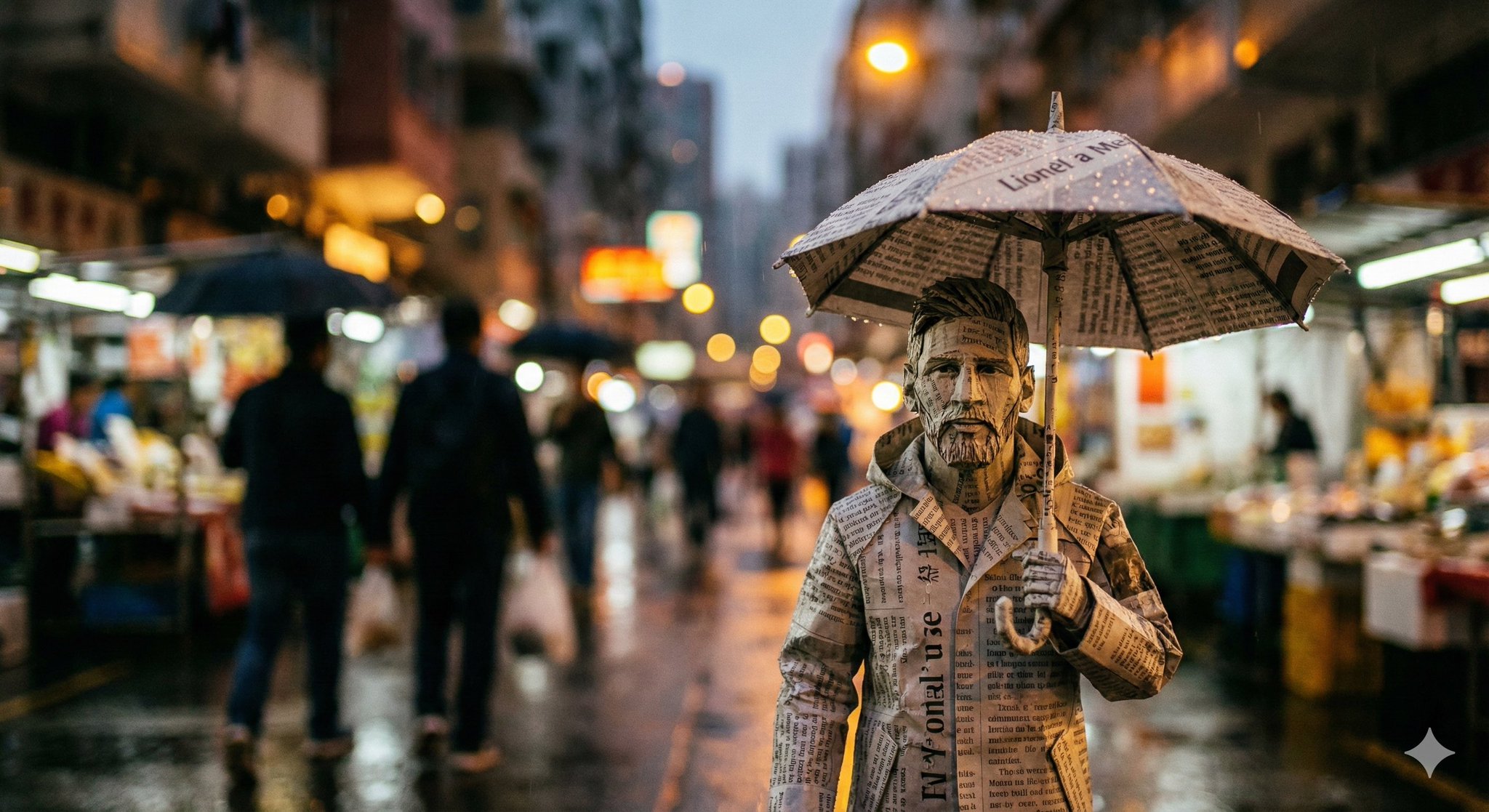 Cinematic Paper Figure Still-Life on Wet City Street thumbnail 4