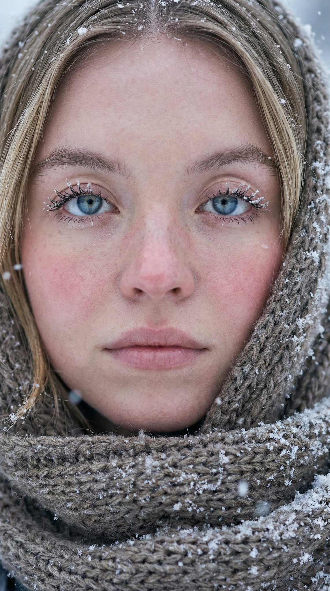 Hyperrealistic Winter Portrait: Serene Woman in Snow Close-up - view 1