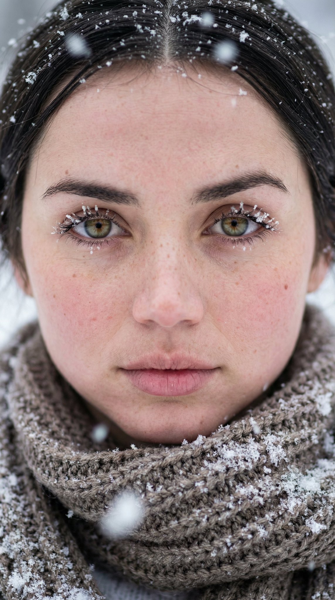 Hyperrealistic Winter Portrait: Serene Woman in Snow Close-up thumbnail 2