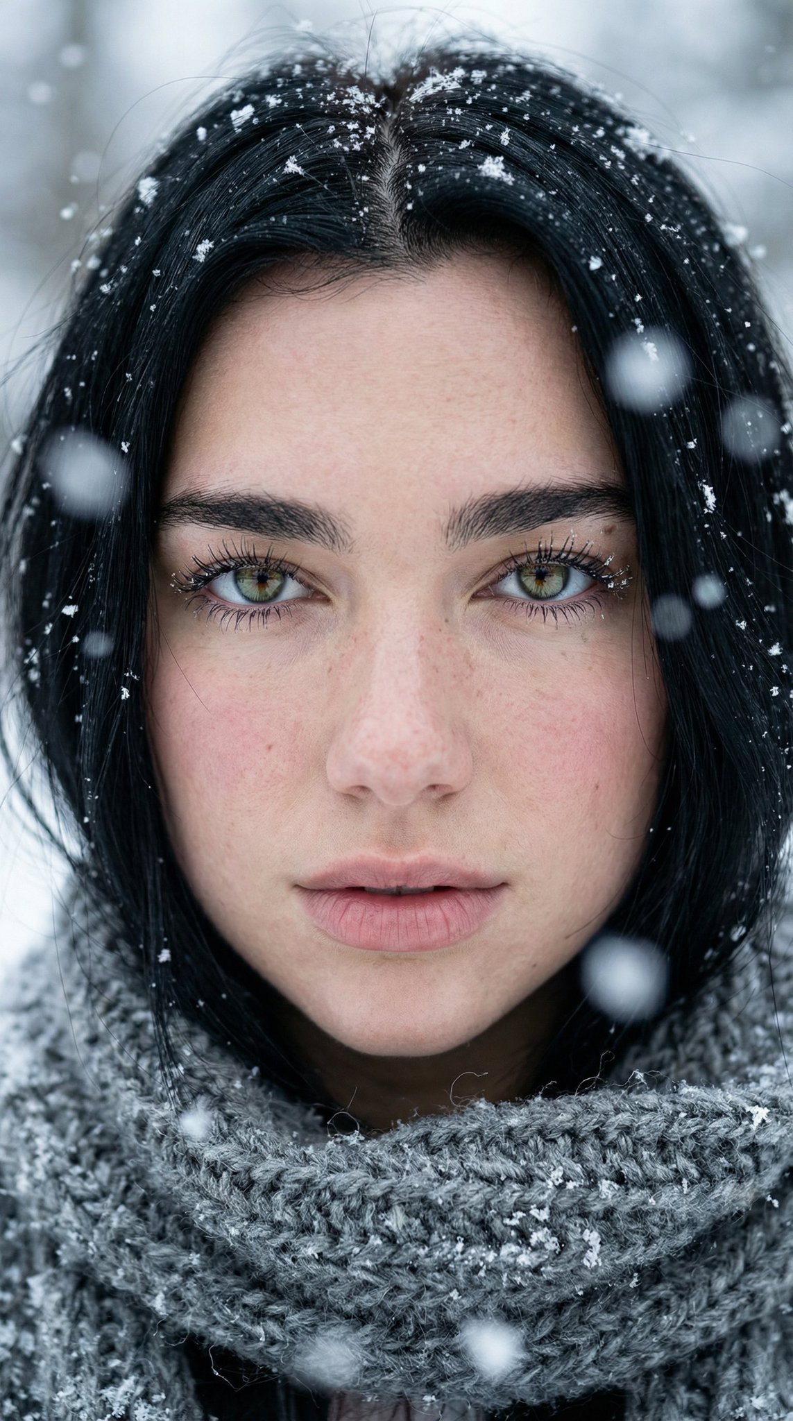 Hyperrealistic Winter Portrait: Serene Woman in Snow Close-up thumbnail 3