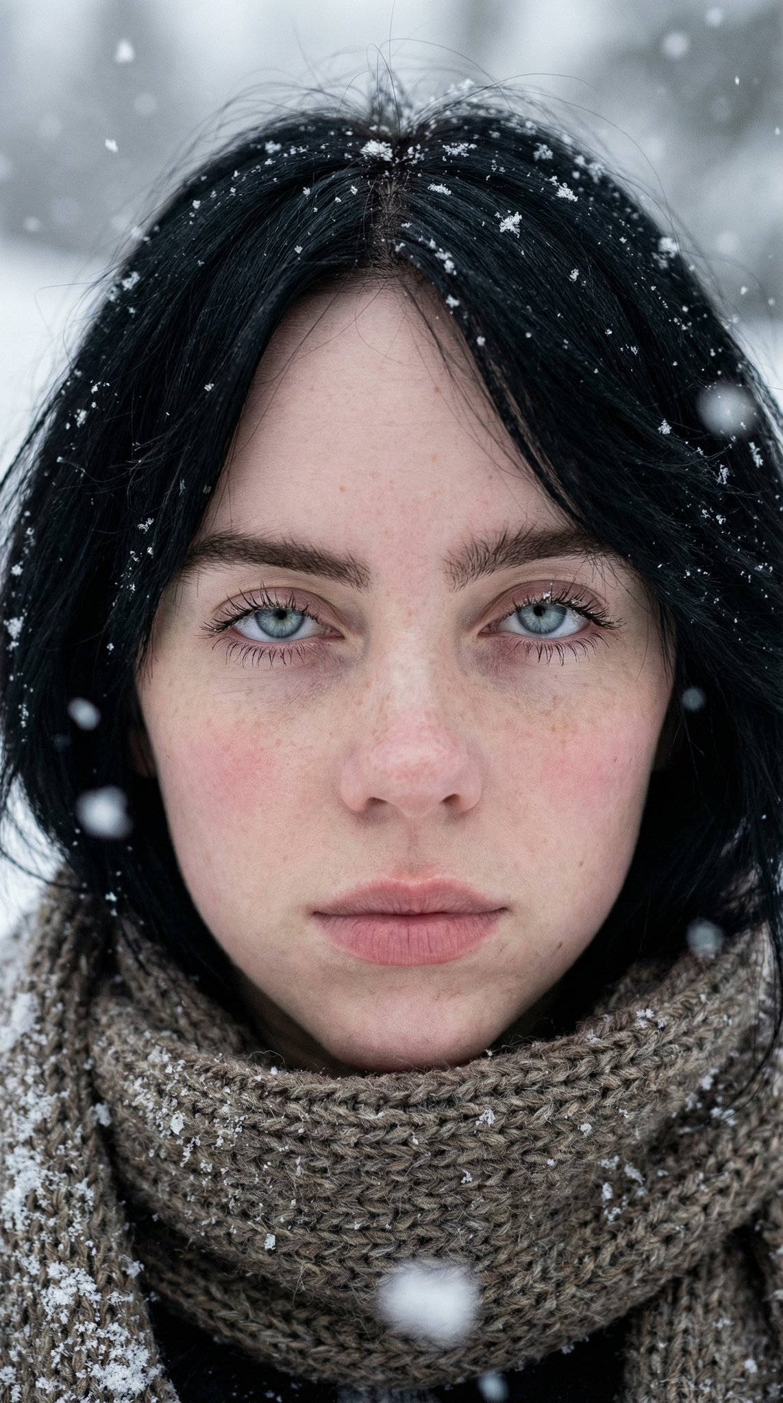 Hyperrealistic Winter Portrait: Serene Woman in Snow Close-up thumbnail 4