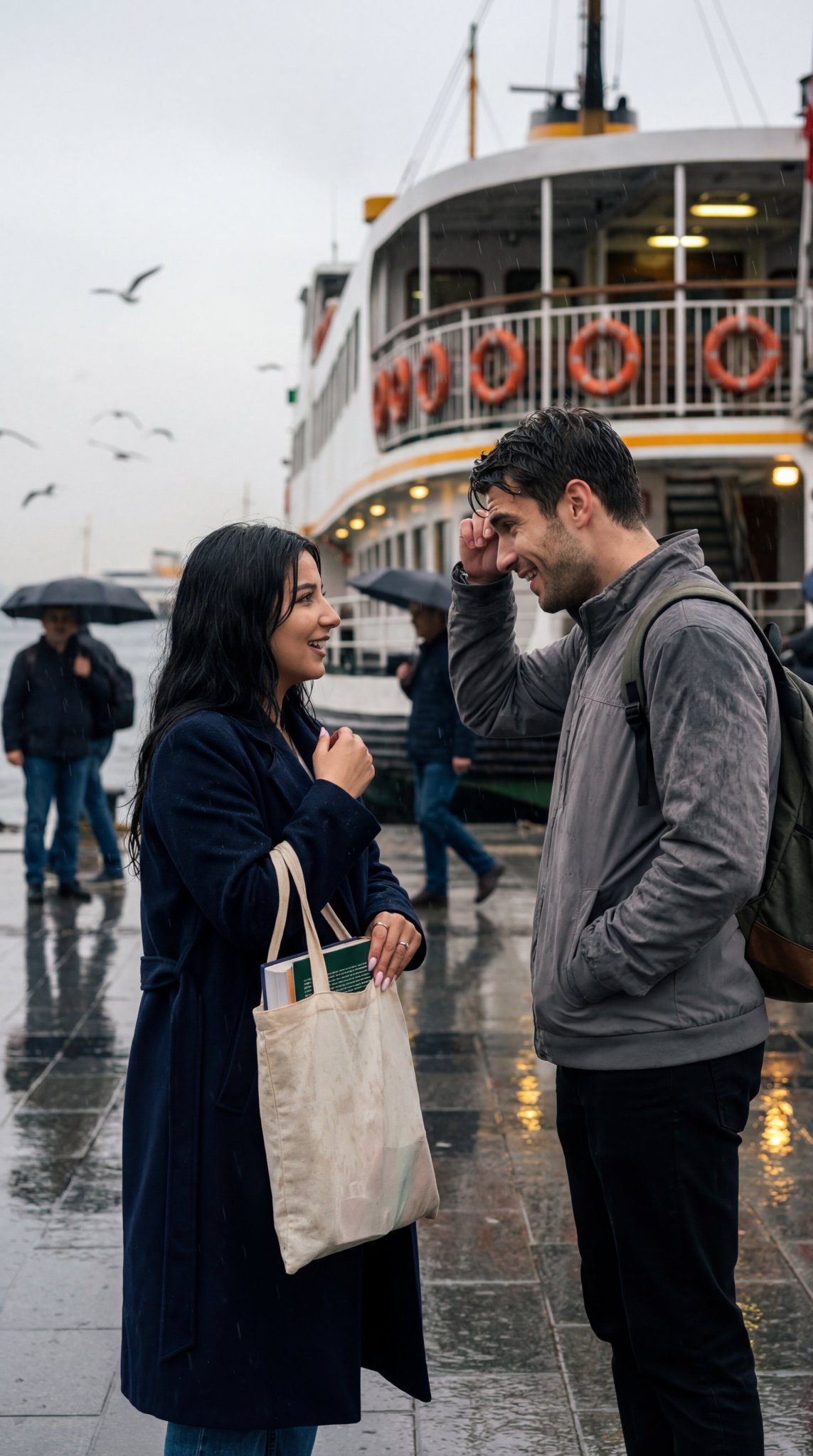 Candid Istanbul Ferry Romance in the Rain - view 1