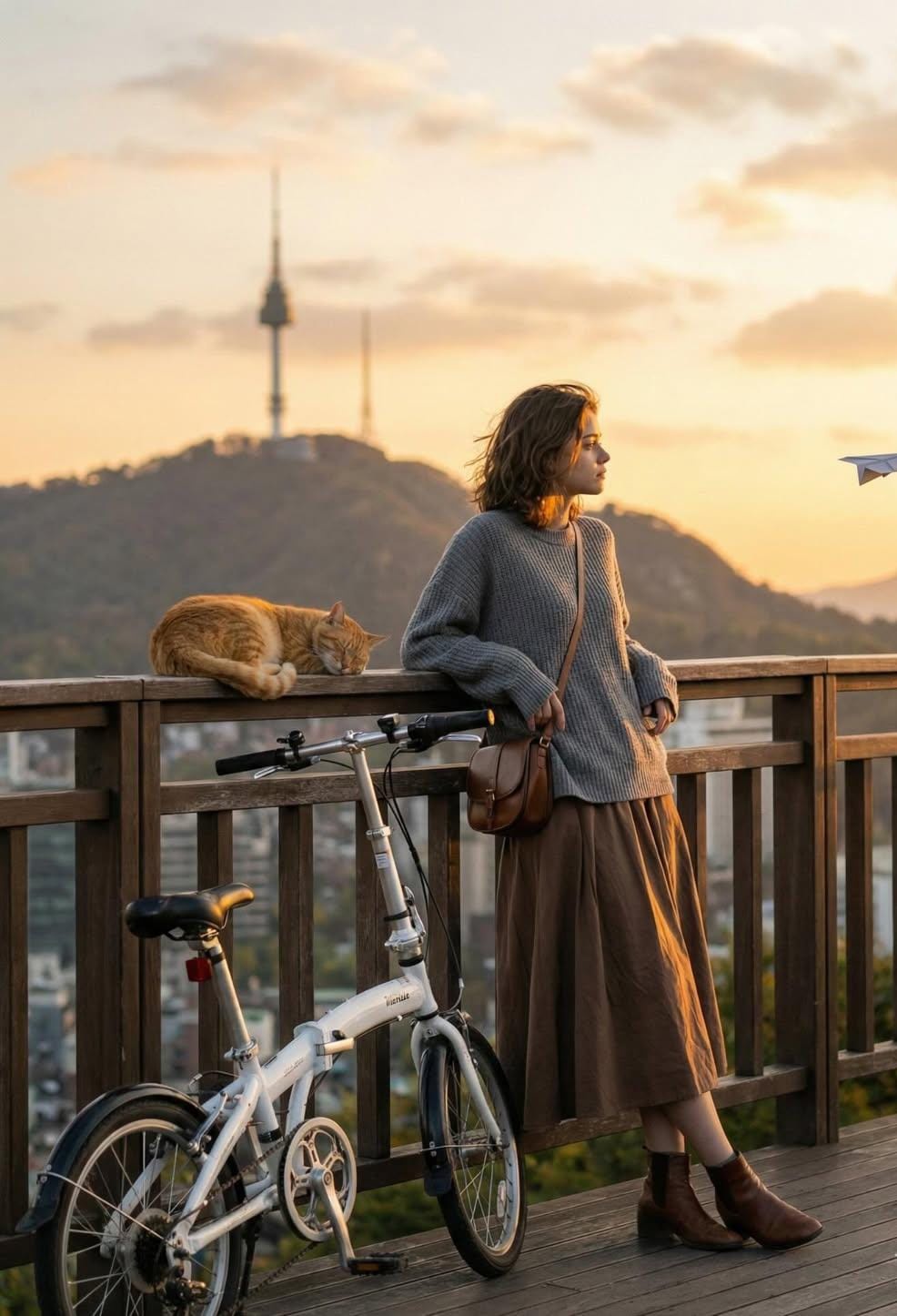 Golden Hour Woman Overlooking City with Cat and Bicycle - view 1