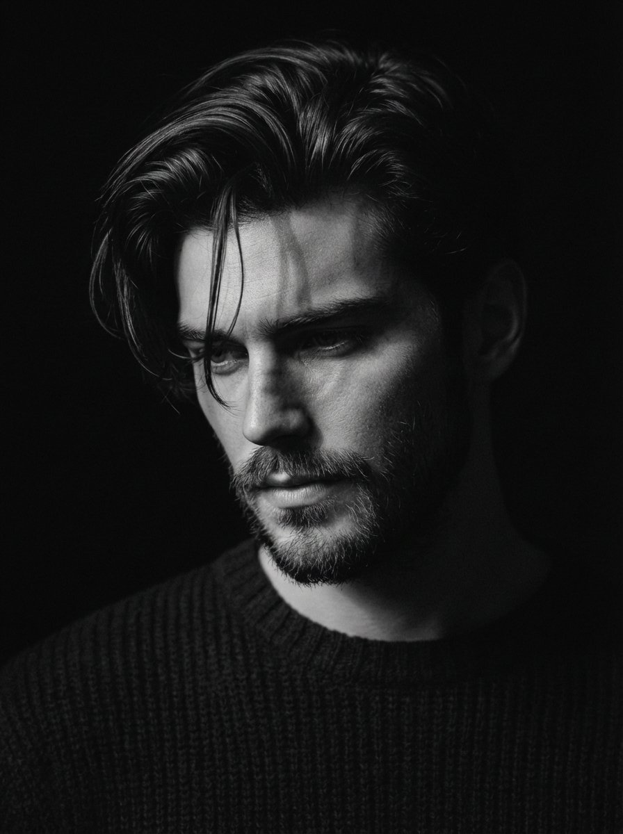 Pensive Black and White Portrait with Dramatic Lighting - view 1