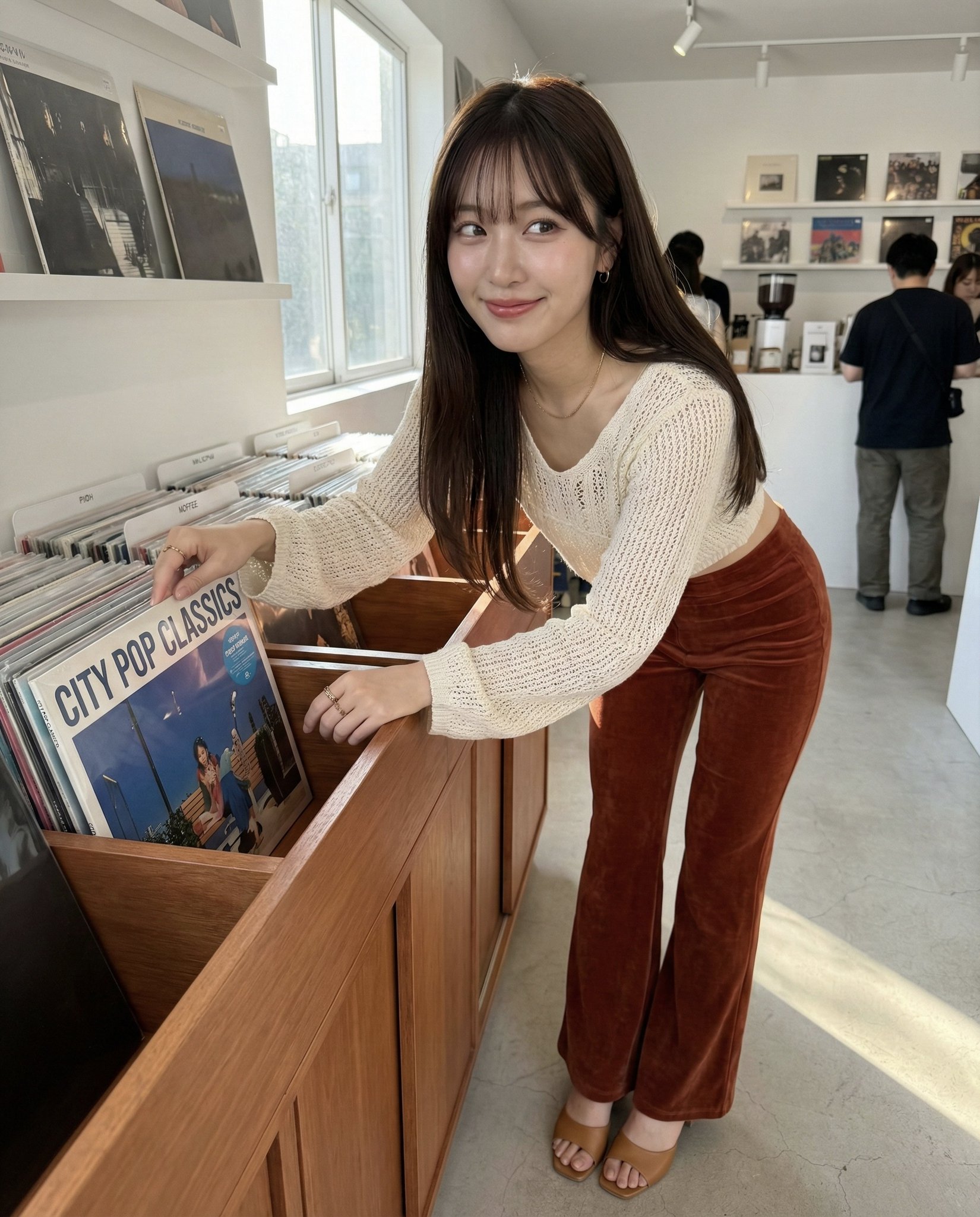 K-Beauty Model Browsing Records in a Minimalist Boutique - view 1