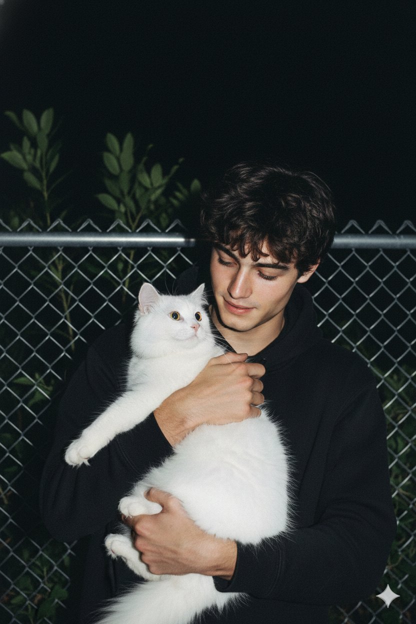 Candid Night Photo: Man Holding Fluffy White Cat - view 1