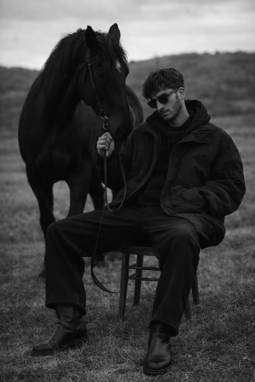 Stoic Man and Horse, Black and White Editorial Portrait - view 1