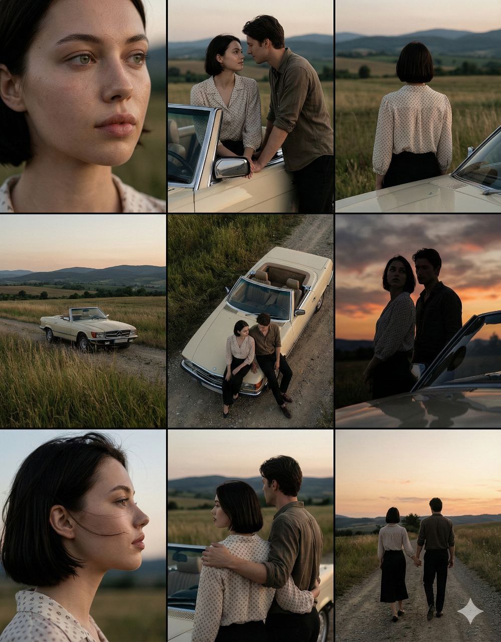 Cinematic Grid: Couple's Countryside Road Stop at Dusk - view 1