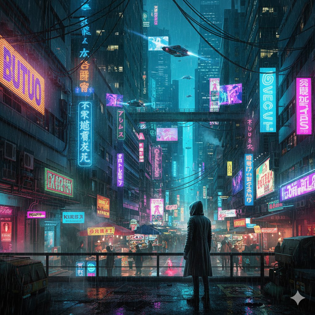 Rainy Cyberpunk City at Night with Neon Lights - view 1