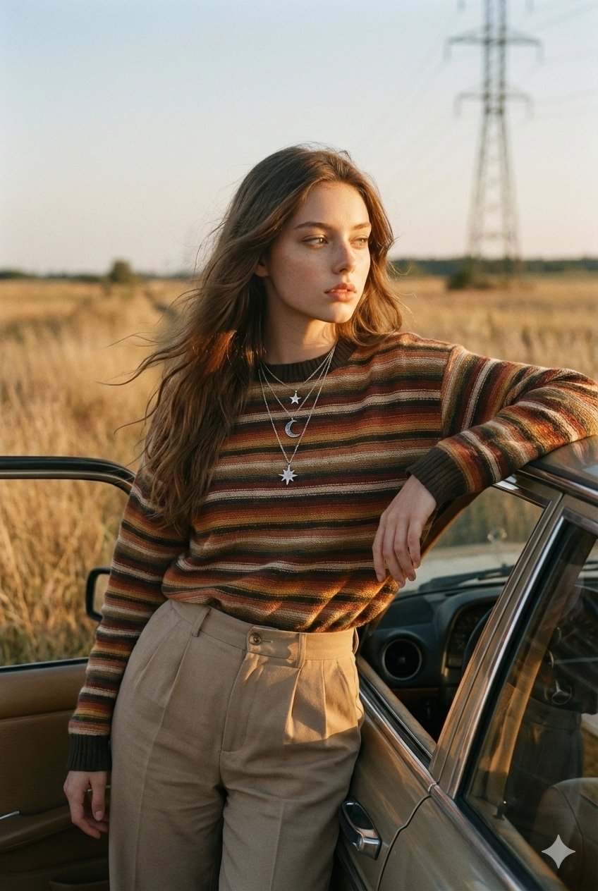 Nostalgic Golden Hour Portrait with Vintage Car and Retro Fashion - view 1