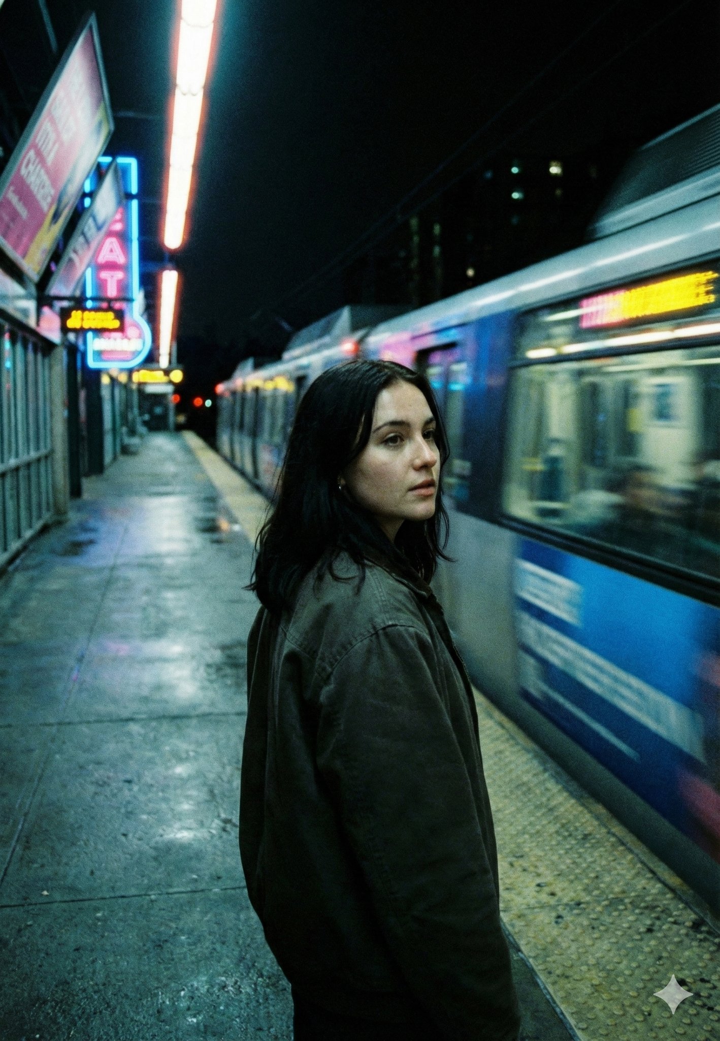 Neo-Noir Cinematic Photo of Young Woman in Metro - view 1