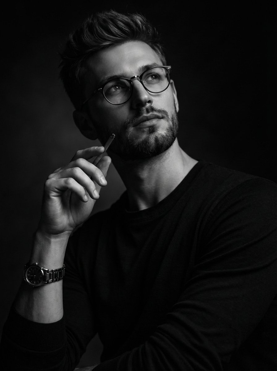 Dramatic Black and White Studio Portrait of a Thoughtful Man - view 1