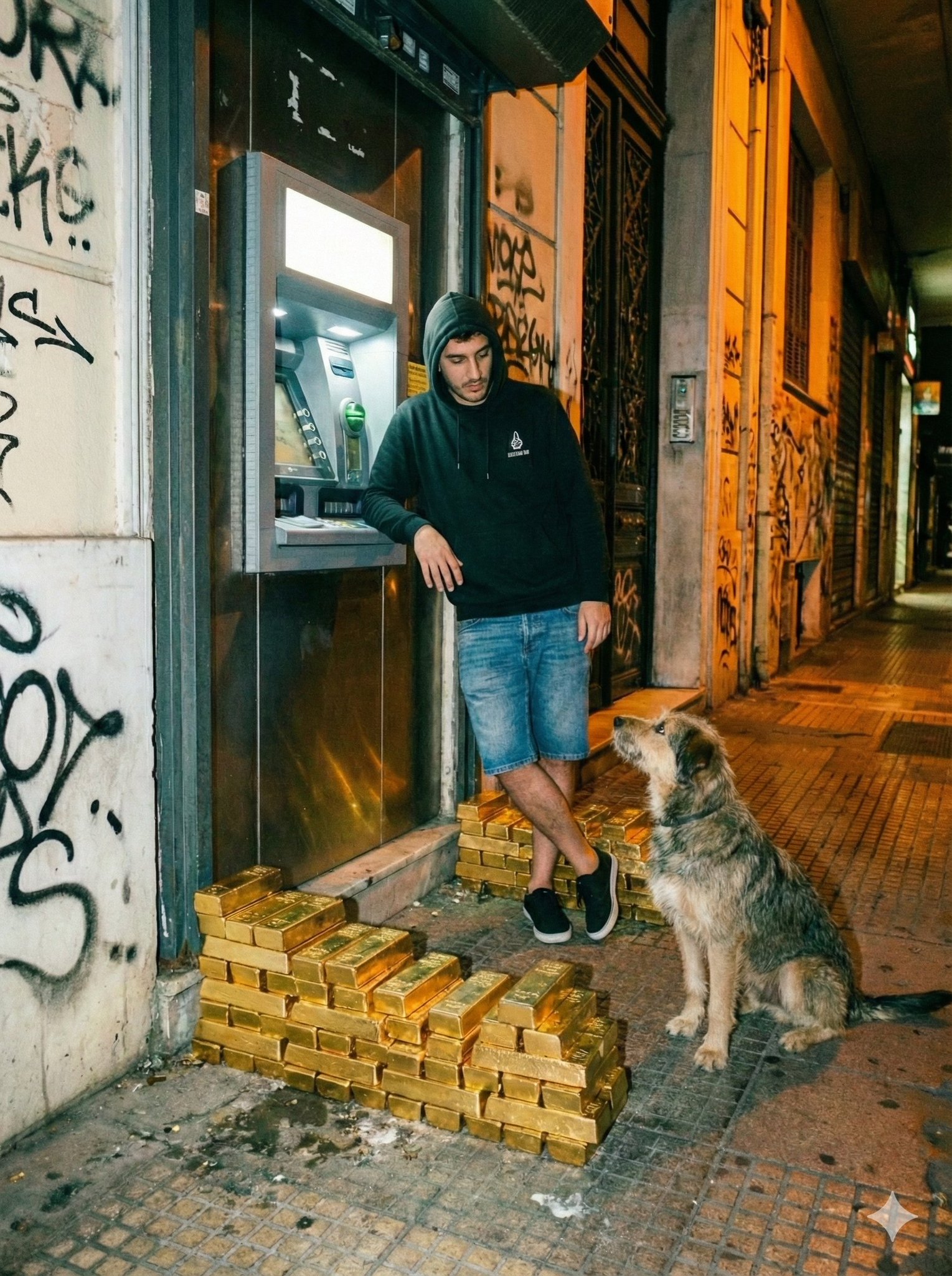 Flash-lit Street ATM Scene with Gold and Dog - view 1