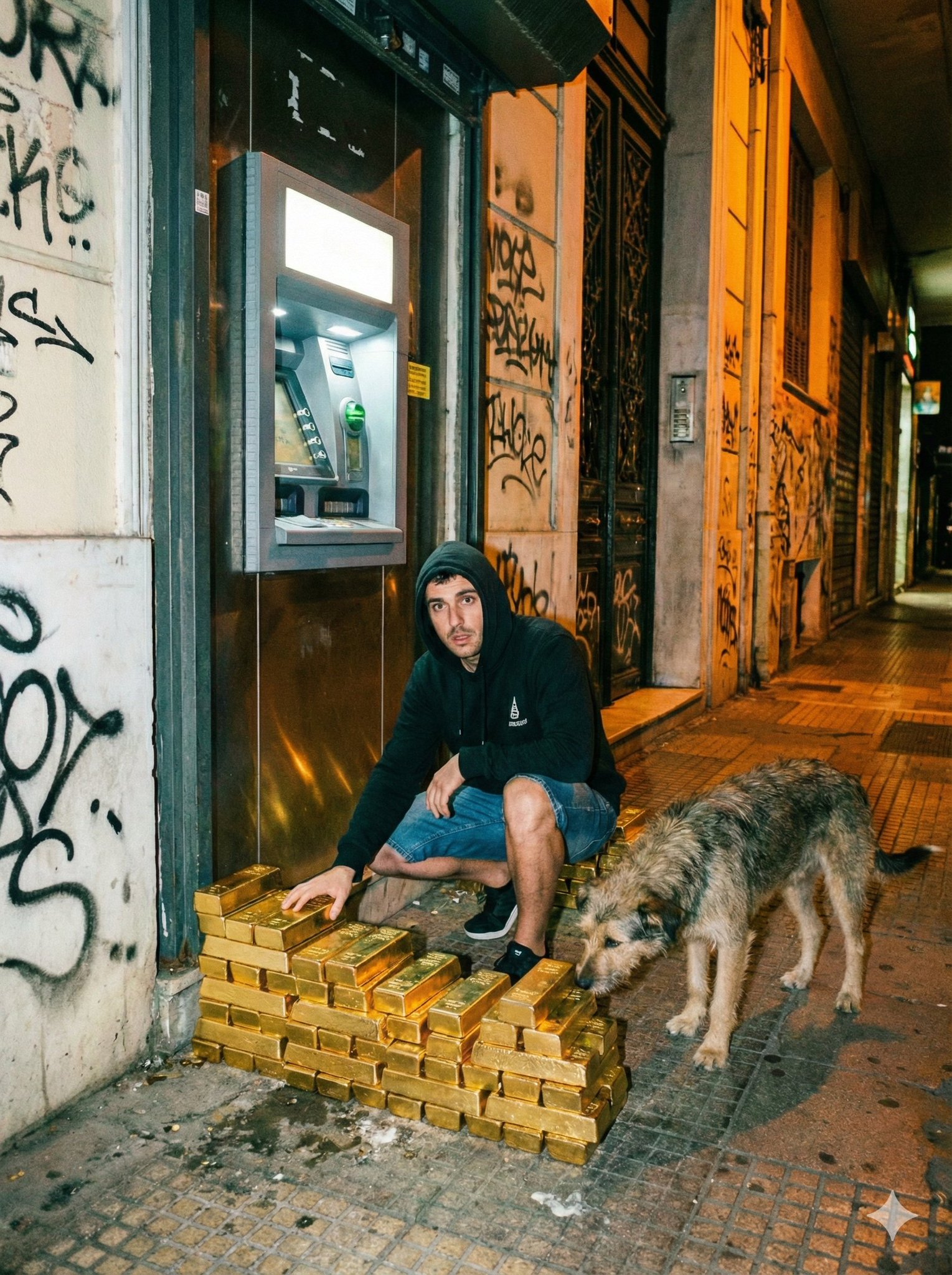 Flash-lit Street ATM Scene with Gold and Dog thumbnail 2