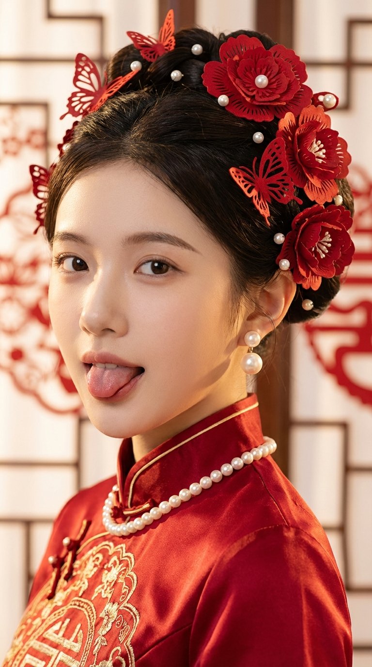 Elegant Chinese Bridal Portrait with Paper-Cut Flowers thumbnail 2