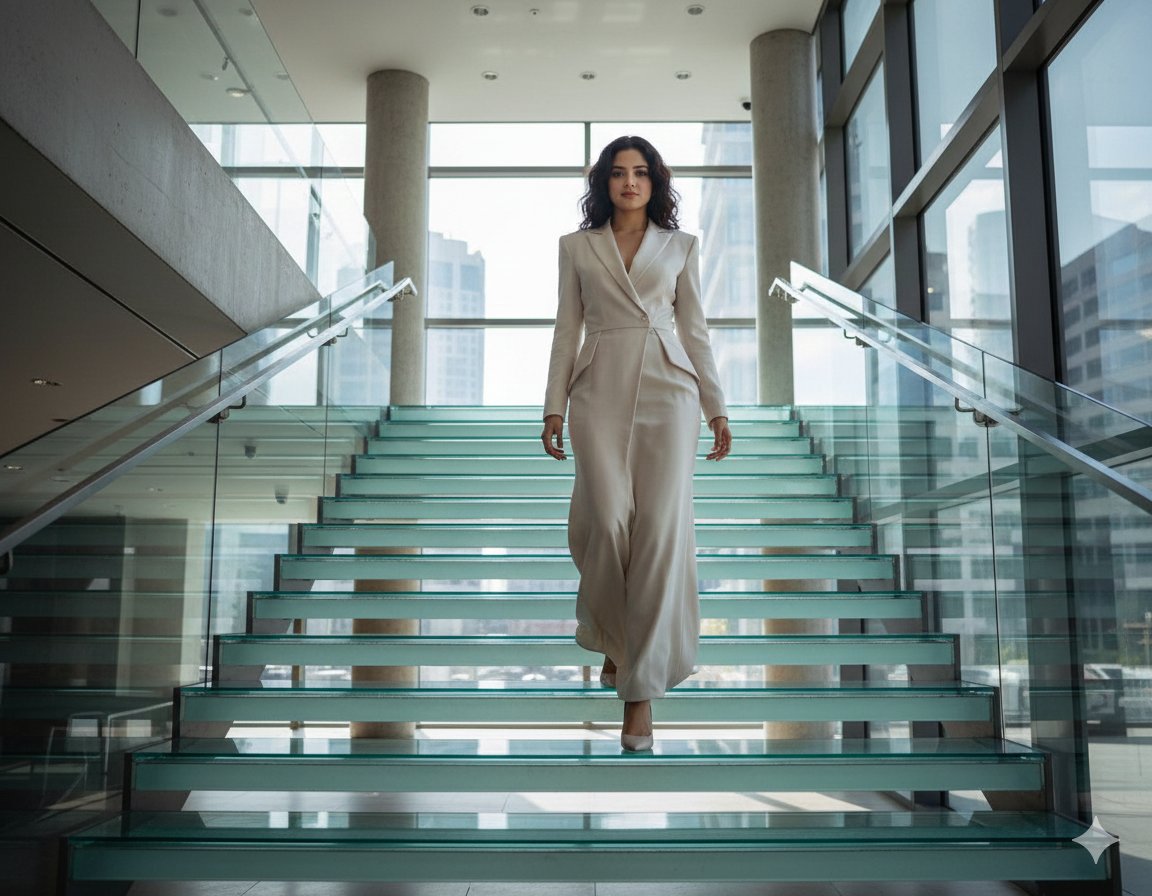 Luxury Editorial Portrait: Woman on Glass Staircase - view 1