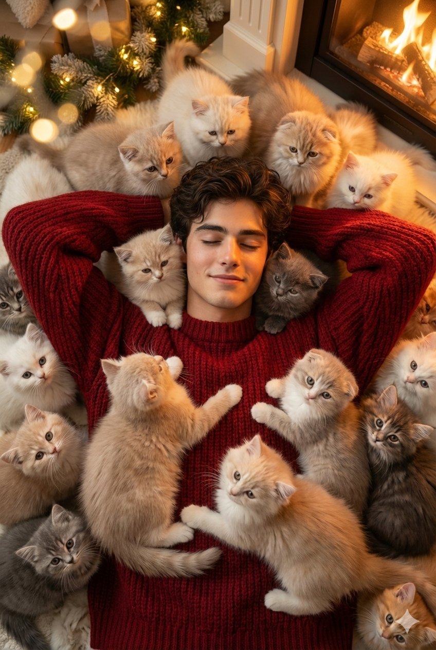 Cozy Dreamy High-Fashion Editorial Portrait with Kittens - view 1