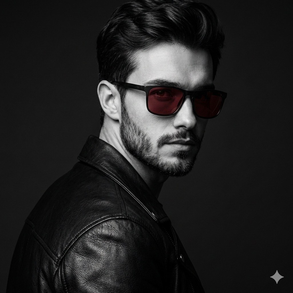 Black-and-White Fashion Portrait with Red Sunglasses - view 1