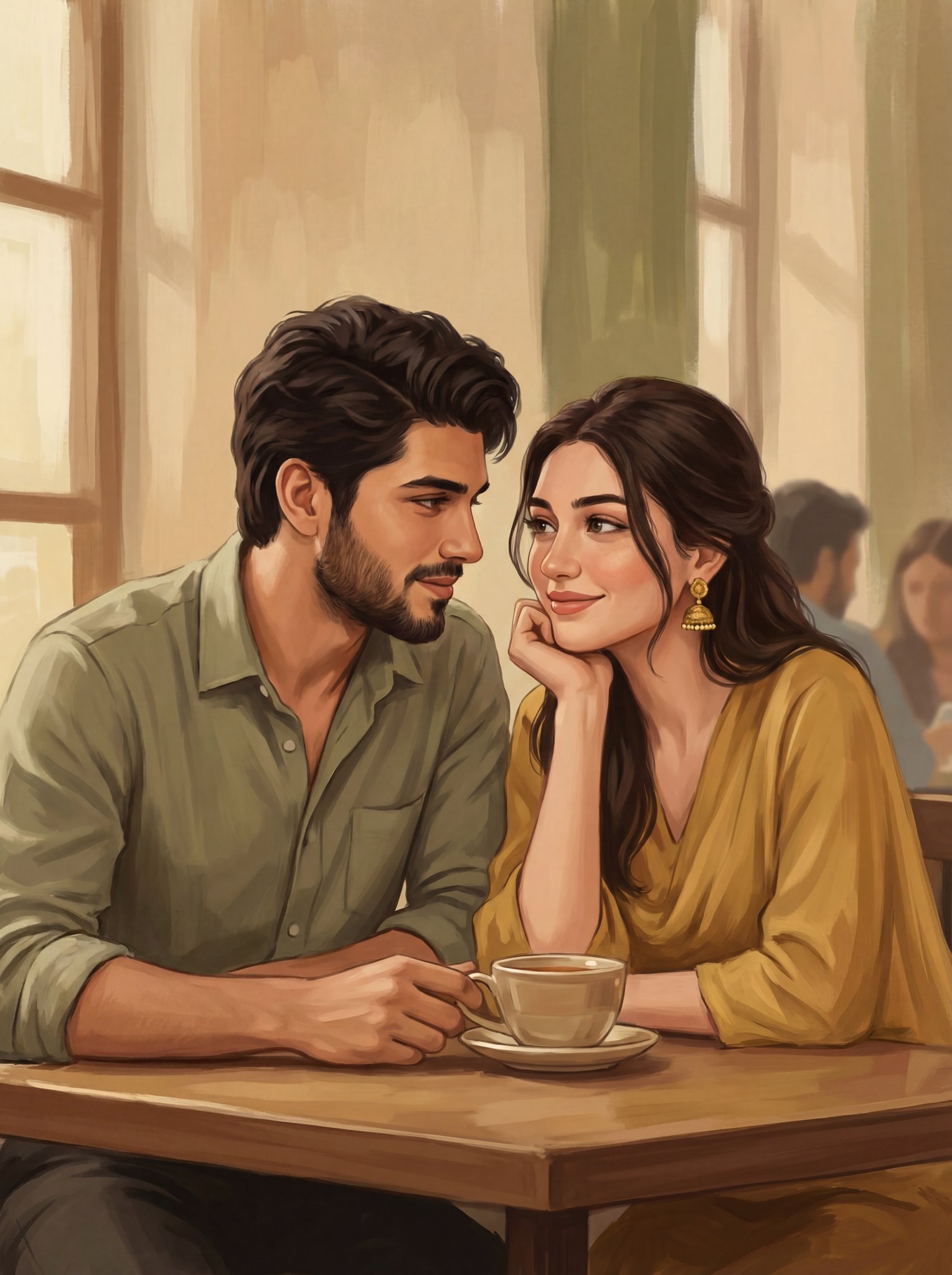 Intimate Cafe Couple, Semi-Realistic Digital Painting - view 1
