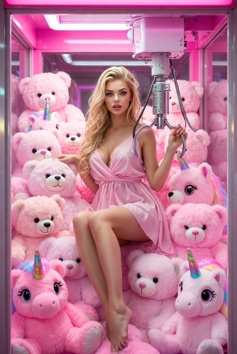 Glamorous Woman in Giant Pink Claw Machine with Plush Toys thumbnail 2