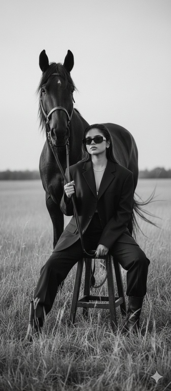 Editorial Fashion: Woman, Horse, Grassy Field, Cinematic B&W - view 1