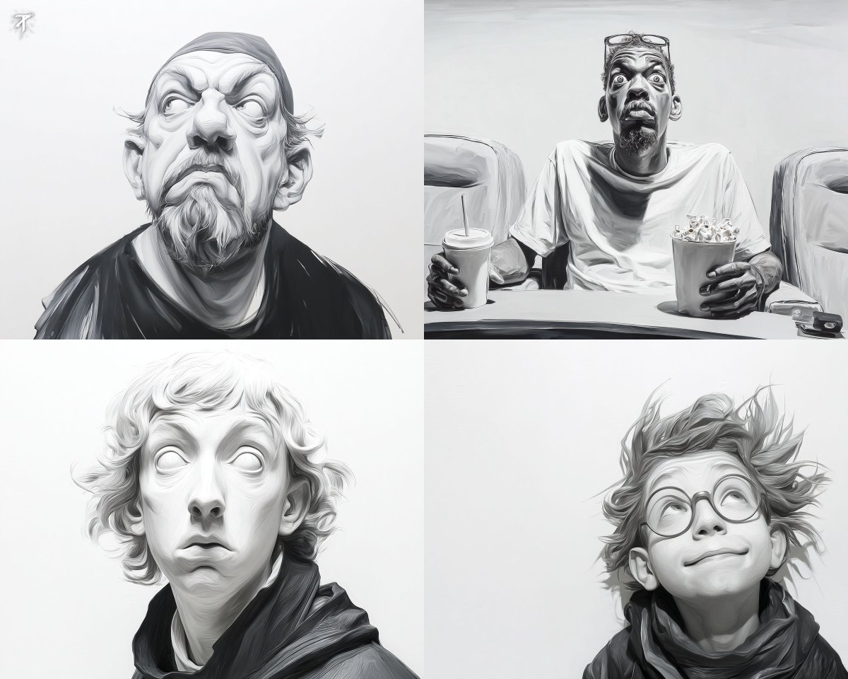 High-Contrast Grayscale Caricature with Sculpted Faces - view 1