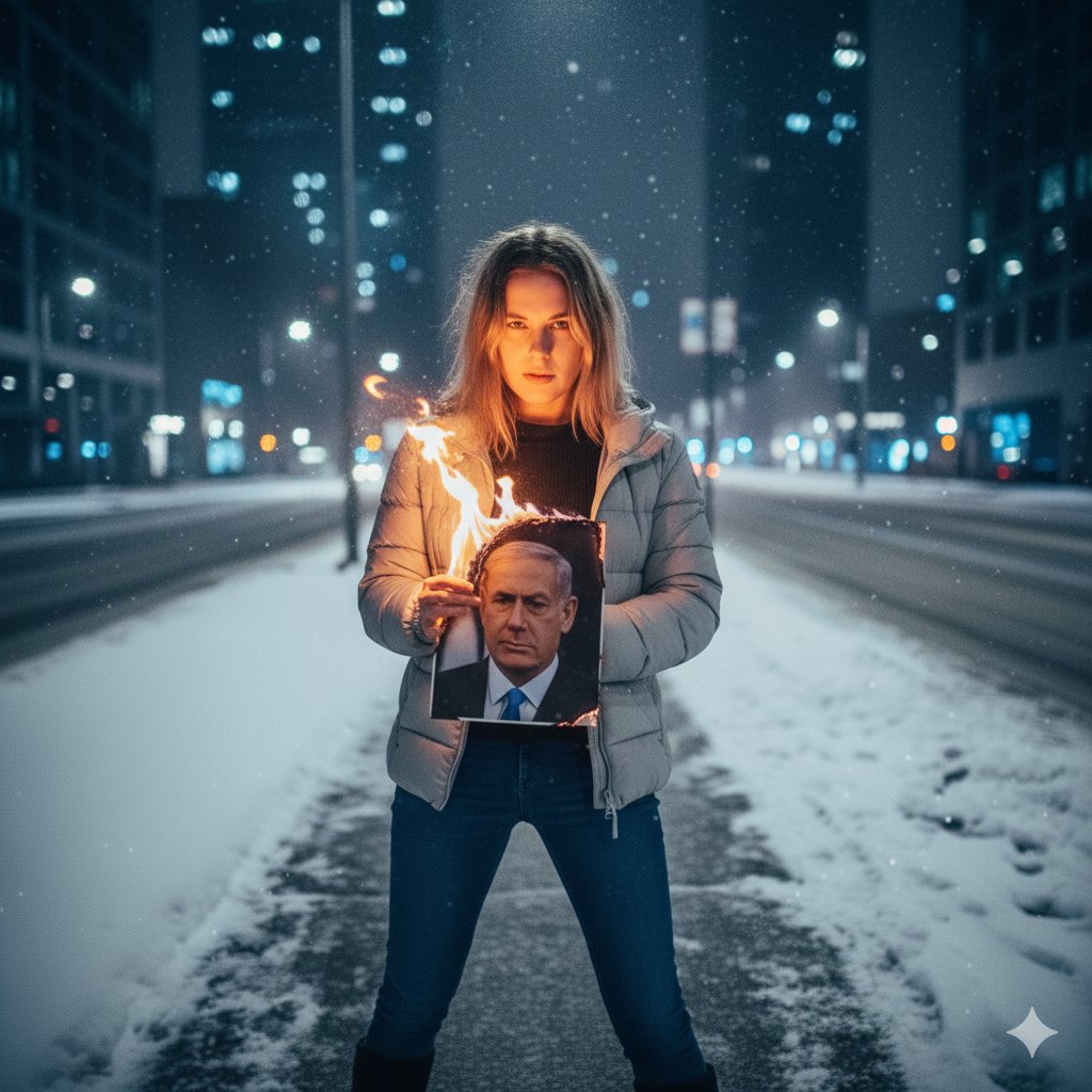 Defiant Woman Lights Cigarette with Burning Photo - view 1