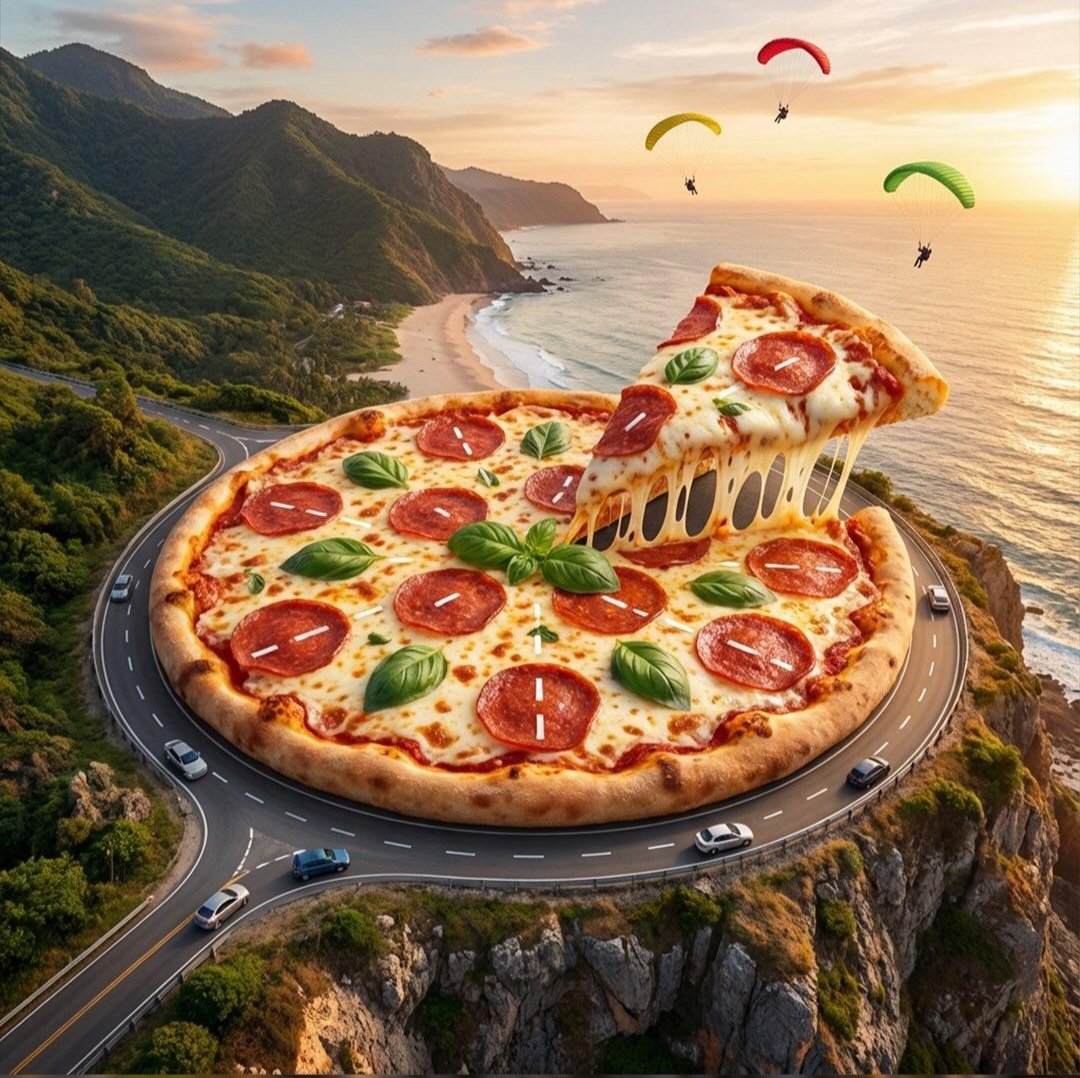 Surreal Pizza Fantasy World: Coastline & Cyberpunk - view 1