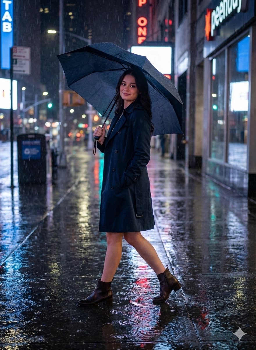 Cinematic Fashion Portrait on Wet City Street - view 1