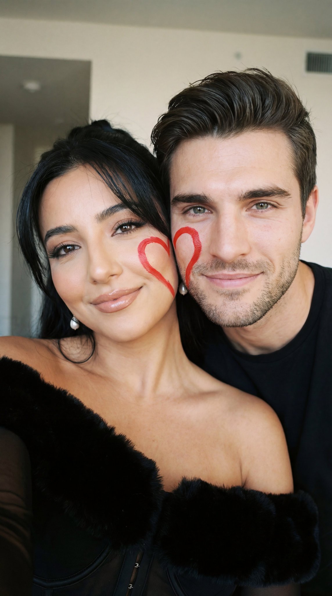 Photorealistic Couple Selfie with Painted Heart Cheeks - view 1