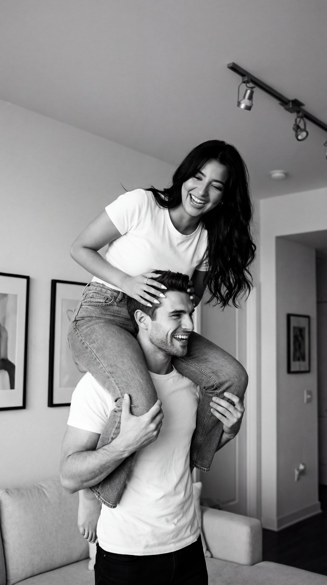 Playful Intimate Couple Portrait in Black and White - view 1