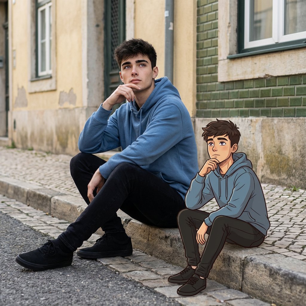Mixed-Media Urban Portrait: Real and Cartoon Self - view 1