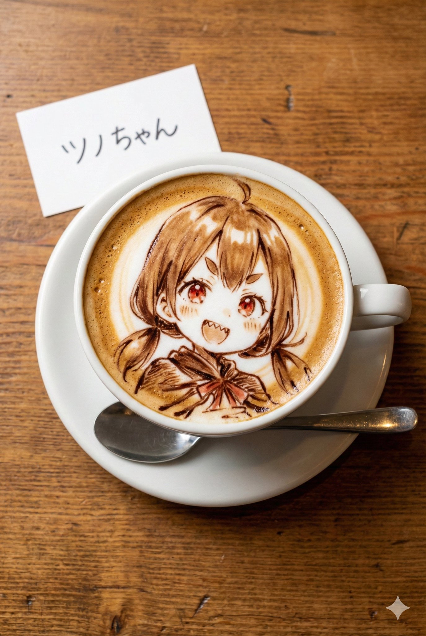 Anime Character Latte Art on Wooden Table - view 1