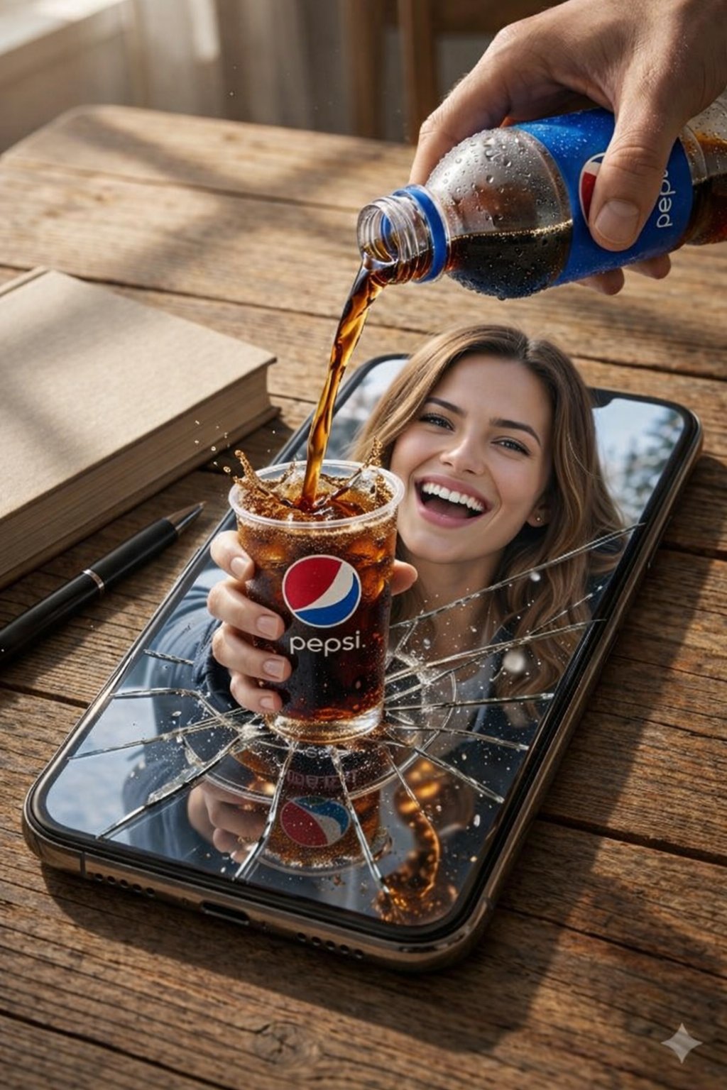 Surreal Product Shot: Woman, Cracked Phone, Pepsi Splash - view 1