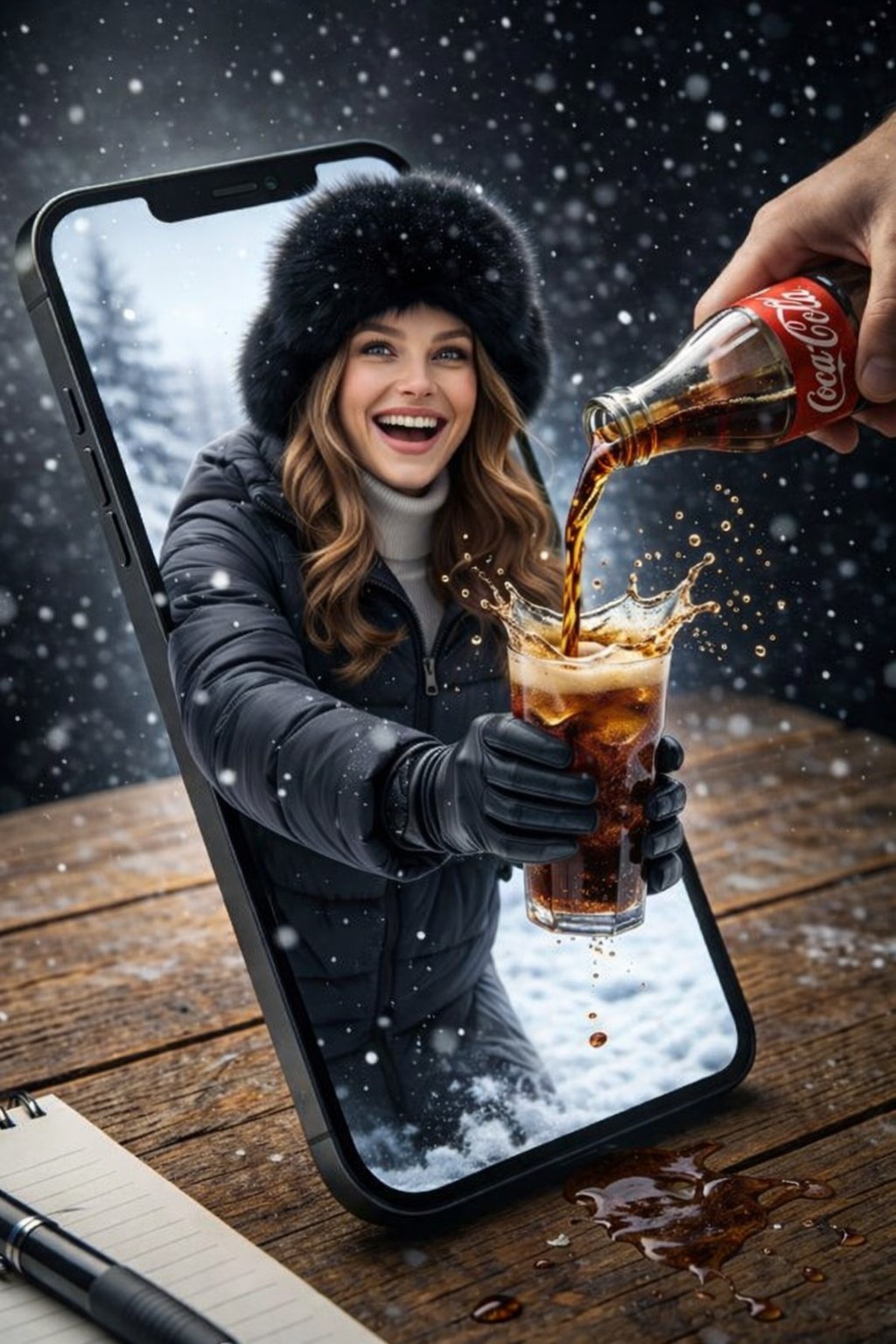 Surreal Product Shot: Woman, Cracked Phone, Pepsi Splash thumbnail 2