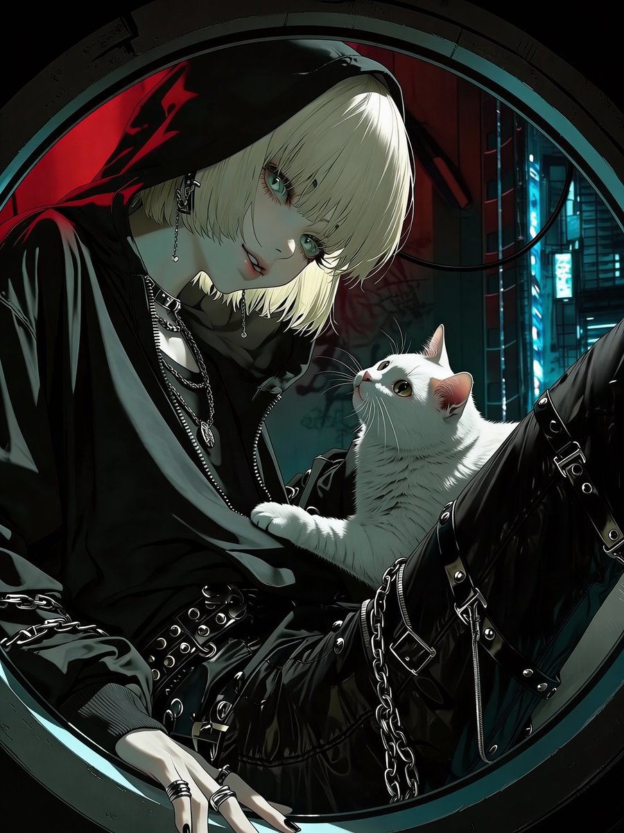 Androgynous Boy with Cat in Neon Shinjuku Window - view 1