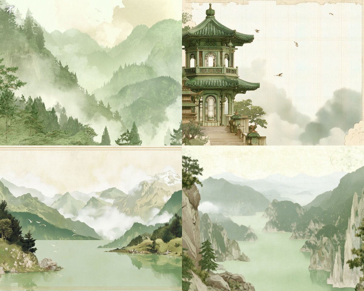 Soft Ink Wash Asian Landscape with Misty Mountains - view 1